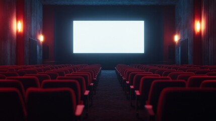Fototapeta premium Detailed view of a deserted movie theater, with empty seats and a blank screen.