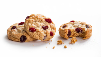 Fruit Cookies ? Three golden-brown, oval-shaped cookies with dried fruit chunks, one partially...