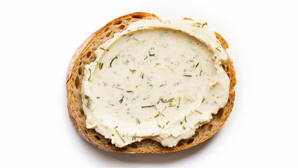 Toasted Bread: A golden-brown slice topped with a creamy herb-infused spread, featuring green and black specks, creating a flavorful contrast with the crispy crust.