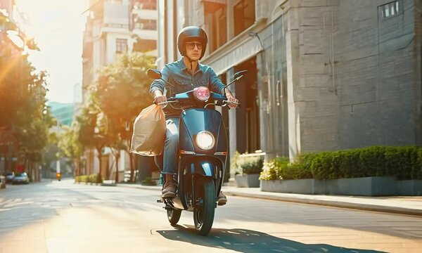 courier delivering goods by motorbike on city streets
