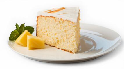 Pineapple Cake Slice: Light, fluffy cake slice with a golden-brown base, garnished with fresh pineapple pieces and a mint sprig on a white plate.