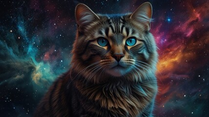 A tabby cat with blue eyes gazes intensely at the viewer against a backdrop of a cosmic nebula.