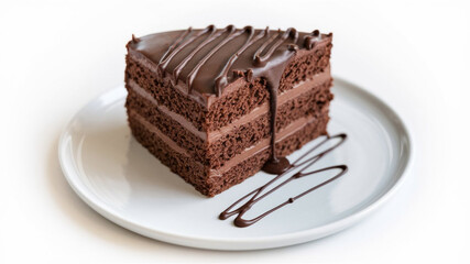 Chocolate Cake: A rich, moist slice topped with glossy chocolate ganache, slightly dripping for a gourmet touch. Presented on a white plate, emphasizing its appeal.