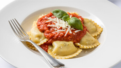 Pasta with Tomato Sauce: Topped with shredded cheese and basil, accompanied by a silver fork. A delicious, well-presented meal on a white plate.