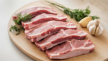 Fototapeta premium Pork Ribs: Slices of raw pork ribs neatly arranged on a wooden cutting board, accompanied by sprigs of fresh herbs and a garlic bulb, adding freshness and vibrant contrast to the scene.