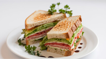 Veggie Sandwich: A golden-brown sandwich filled with fresh lettuce, tomatoes, and cheese or meat, cut into halves, garnished with parsley and a drizzle of balsamic vinegar, on a white plate.