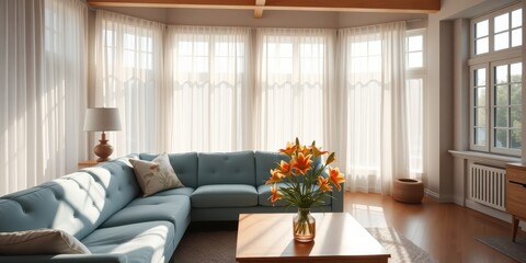 Fototapeta premium Sunlight streaming through sheer curtains illuminates a comfortable living room with a blue sectional sofa, wooden coffee table, and a vase of vibrant lilies