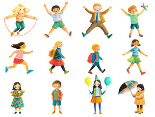 Collection of characters in various poses, kids,人物　色々なポーズのセット,High-resolution cartoon-style illustration of children playing, in different poses on a transparent background in PNG format.