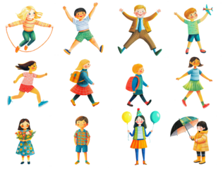 Collection of characters in various poses, kids,人物　色々なポーズのセット,High-resolution cartoon-style illustration of children playing, in different poses on a transparent background in PNG format.
