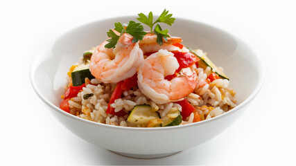 Shrimp and Rice Bowl: A white bowl of rice mixed with red bell peppers, zucchini or cucumber slices, topped with cooked shrimp and garnished with fresh parsley, set against a plain background.
