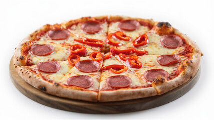 Pizza: A freshly baked pizza with a golden-brown crust, melted cheese, red bell peppers, and pepperoni slices, served on a wooden board with a white background.