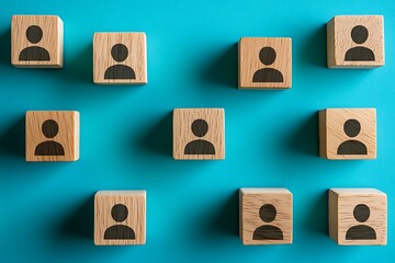 Obraz premium Wooden Profile Icons on Blue Background Teamwork and Collaboration Concept.