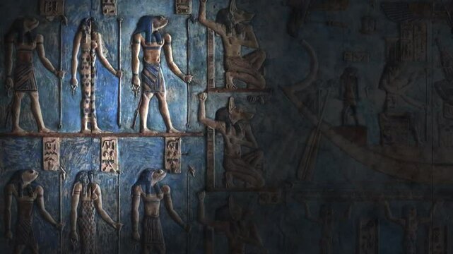 Light spot moving on hieroglyphic carvings and paintings on the interior walls of an ancient egyptian temple, 4k