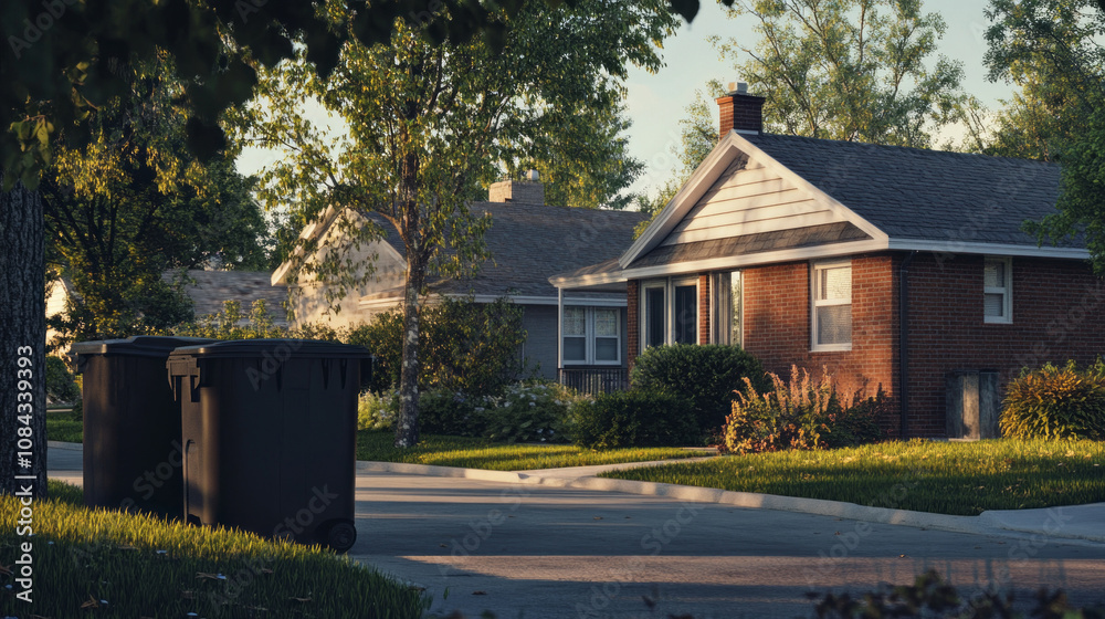 Poster a house with two black trash cans in front of it