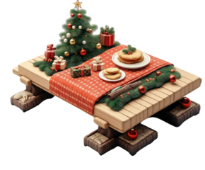isometric view of a miniature Japanese kotatsu table decorated in a Christmas theme. isolated on transparent background