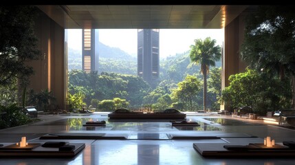 Fototapeta premium A tranquil spa interior features Zen-inspired decor, soft lighting, and lush greenery, creating a serene atmosphere, Ideal for wellness, relaxation, or lifestyle marketing materials,