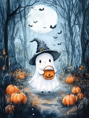 A cute ghost dressed in white, wearing a witch hat and holding a pumpkin bucket