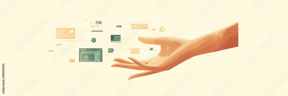 Aufkleber A hand extends towards a computer screen showing various settings and security icons, symbolizing tech interaction and management. Generative AI