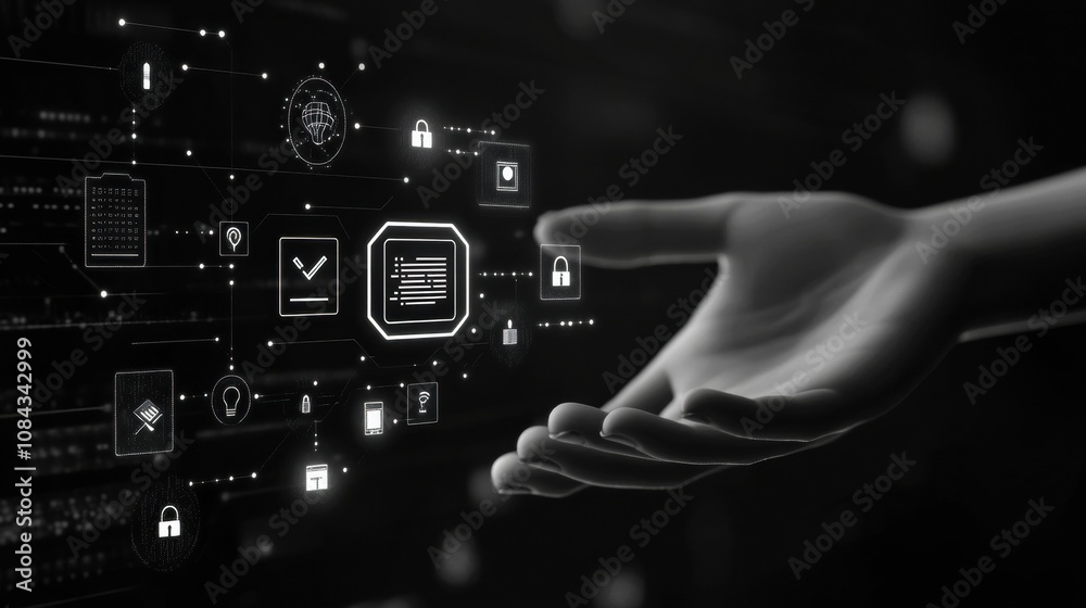 Aufkleber A hand is extending towards a computer screen filled with various security icons and settings, illustrating digital interaction in technology. Generative AI