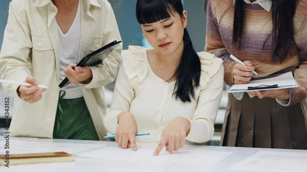 Aufkleber architecture, blueprint and teamwork with business woman in japan for infrastructure planning. docum