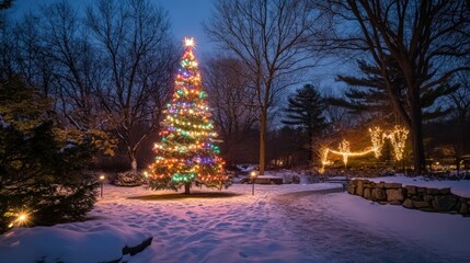 Illuminated christmas tree in snowy park with colorful lights in winter evening.