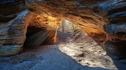 The mouth of a cave set into a cliffside, with sunlight filtering in, casting long shadows and highlighting the natural textures of the stone.