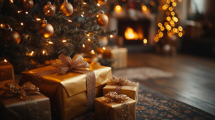 A sparkling Christmas tree with golden lights and a few neatly placed gift boxes underneath