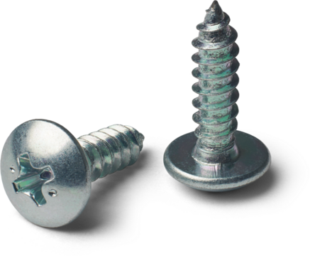 close-up of two self tapping phillips head screws with sharp point isolated white background, hardware used in construction, automotive or furniture 