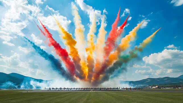 A formation of fighter jets performing an airshow maneuver leaving colorful smoke trails in perfect synchronicity capturing skill and excitement.