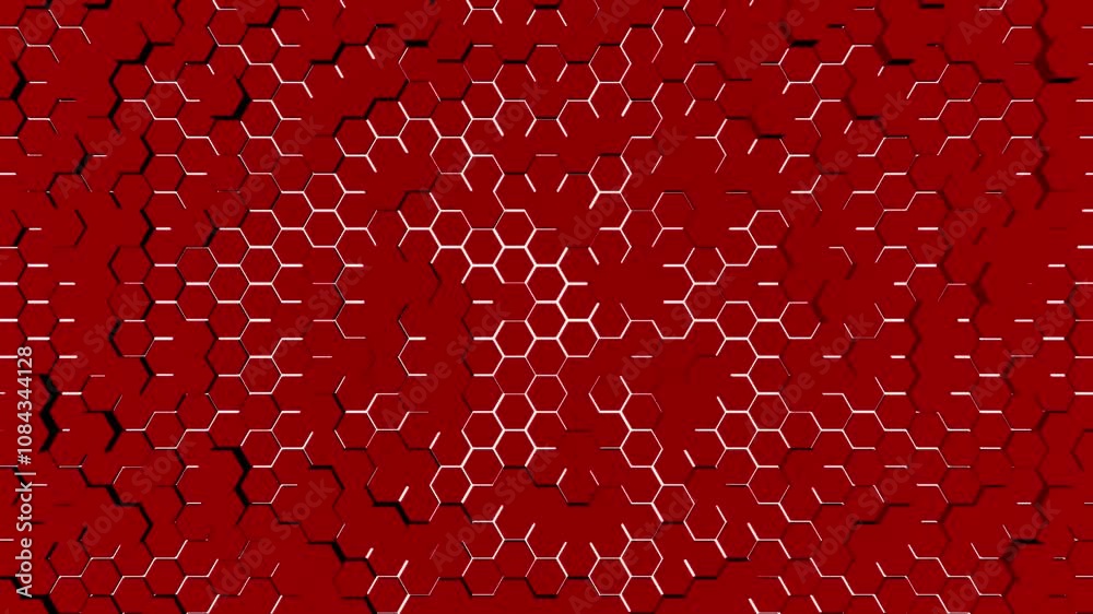 Poster red 3d hexagons moving dynamically in a futuristic animation.