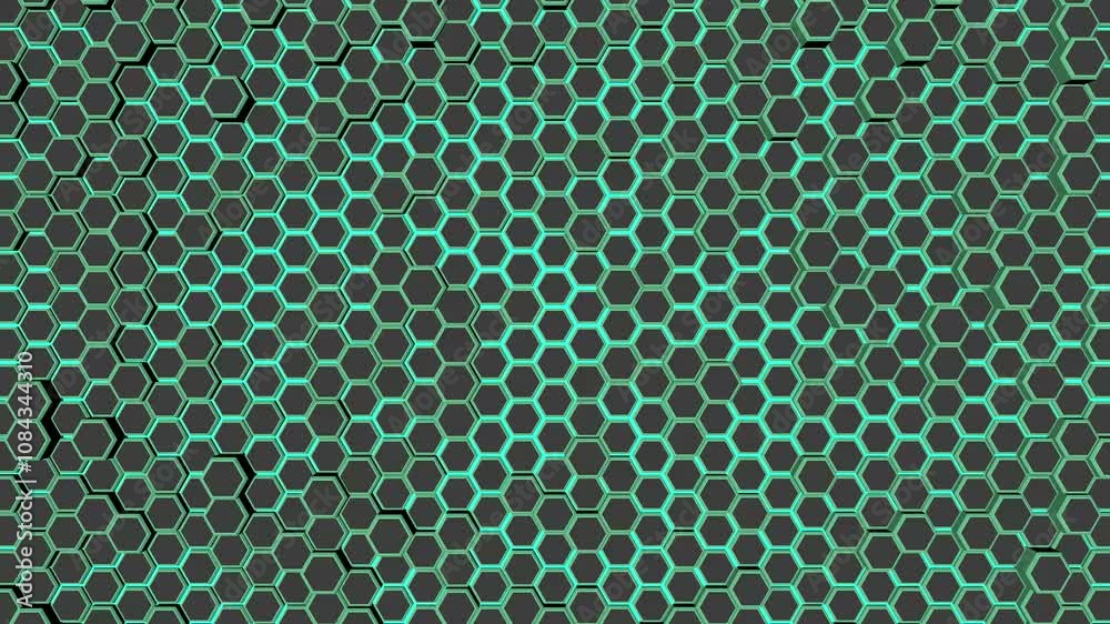 Poster green 3d hexagonal grid with subtle movement in an abstract animation.