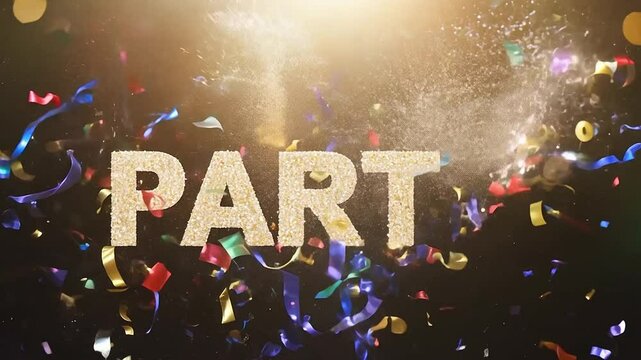 An animated lettering of the word Party with colorful glitter and many colors.
