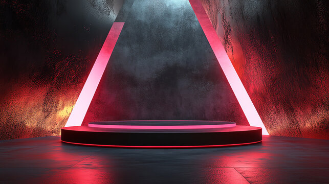 Futuristic red neon-lit stage with triangular archway in a mysterious smoky atmosphere, perfect for high-tech and sci-fi themes.