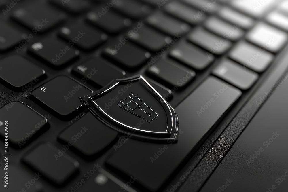 Poster a keyboard displays a unique shield icon, emphasizing the importance of cybersecurity and data prote