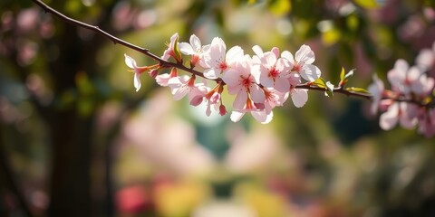 Obraz premium A Delicate Branch of Cherry Blossoms Swaying Gently in the Spring Breeze, Their Petals a Soft Pink Against a Background of Blurred Green and Sunlight.