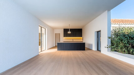 Fototapeta premium Modern open kitchen design with wooden flooring and minimalist decor in a spacious home