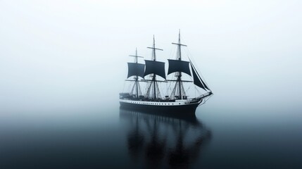 Fototapeta premium Vintage sailing ship with three masts and dark sails reflected on calm water surrounded by heavy fog creating a mysterious and serene atmosphere
