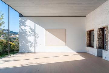 Fototapeta premium Modern art gallery featuring minimalist design and natural light in a serene landscape setting