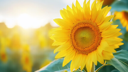 Obraz premium Radiant sunflower illuminated by soft morning sunlight with bokeh effect background, perfect for wellness and nature themes