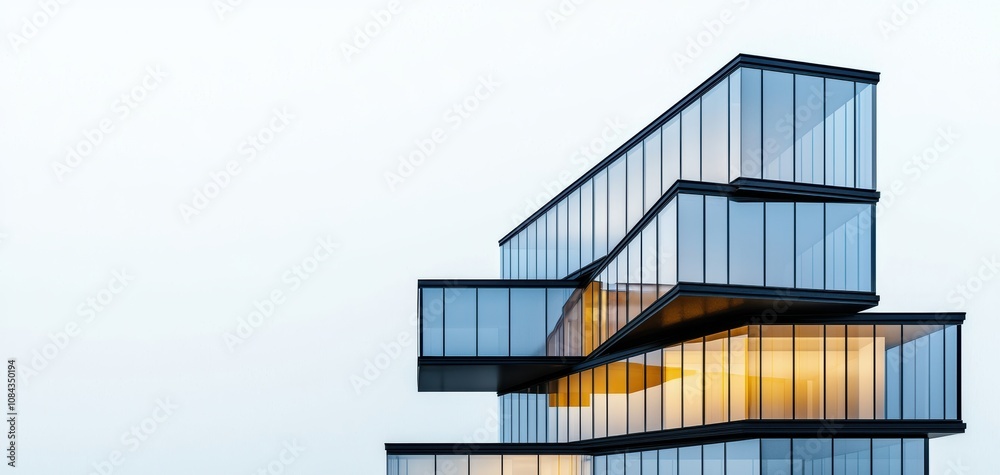 Aufkleber Infrastructure elegant concept. Modern architectural design featuring a layered building with extensive glass facades and sleek lines against a light background.