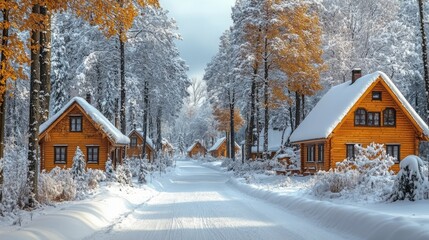 Moodboard featuring a winter color palette of frosty aqua, clean white, and camel tan, depicting a magical village nestled in a snowy forest. The frosty aqua rooftops, clean white snow, and camel tan 