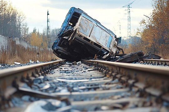 Showing the aftermath of a train accident, a derailed train carriage lies on its side across the railway tracks, causing disruption and highlighting the importance of rail safety