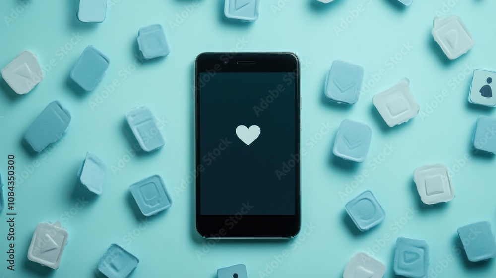 Aufkleber a smartphone sits on a blue background, surrounded by various icons for likes, notifications, and co