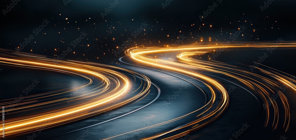 Poster Infrastructure elegant concept. A long exposure image capturing streaks of light from moving vehicles on a winding road at night, creating a dynamic and elegant visual effect.