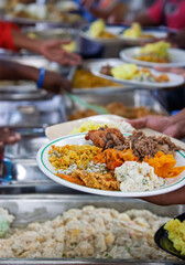 Botswana food, traditionally catered at a wedding, rice, chicken, beef setswa, pumpkins, potato...