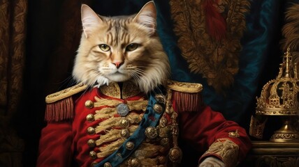 A cat dressed in a red military uniform with gold accents and a crown, posed in a regal manner.