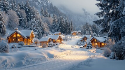 Moodboard featuring a winter color palette of frosty aqua, clean white, and camel tan, depicting a magical village nestled in a snowy forest. The frosty aqua rooftops, clean white snow, and camel tan 