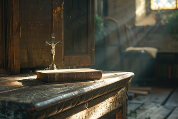 Obraz premium Sunlight shines the Bible and cross.A serene interior featuring a crucifix on an old book, illuminated by soft sunlight filtering through the window.