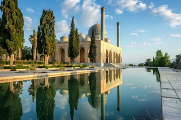 Bibi heybat mosque reflecting on the water surface on a sunny day in baku, azerbaijan