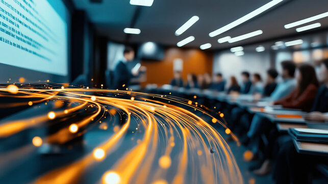 Business presentation in a conference room with a digital network overlay of glowing lines representing technology and communication insights.